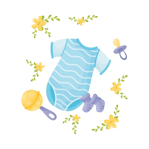 Blauw gestreepte kleding voor de baby met verschillende prememety voor de pasgeboren vectorillustratie op