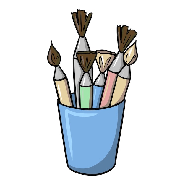 Vector blauw glas met verschillende penselen tekengereedschap vector cartoon afbeelding