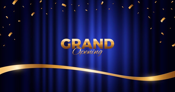 Vector blauw gordijn met gouden confetti achtergrond elegant openingsbanner
