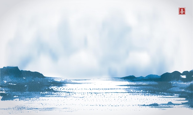 Blauw landschap met uitzicht op het meer en bewolkte lucht in Aziatische stijl met de hand getekend met sumi inkt