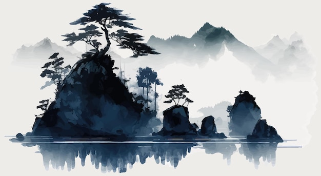 Blauw mistig eiland met bosbomen in traditionele oosterse minimalistische Japanse stijl Vector illustratie