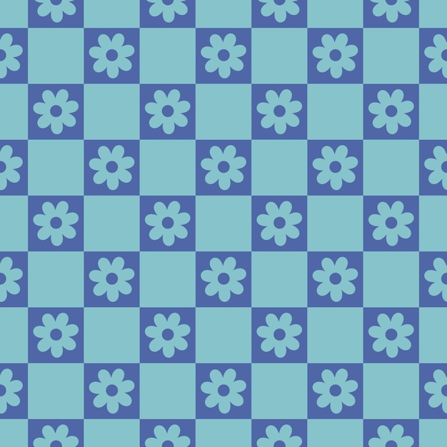 Blauw naadloos patroon met checkerbord en retro bloemen
