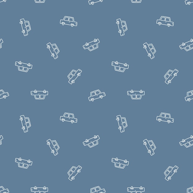 Blauw naadloos patroon met witte krabbelauto's