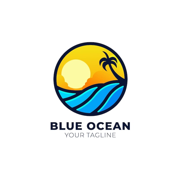 Blauw oceaan en strand illustratie logo ontwerp