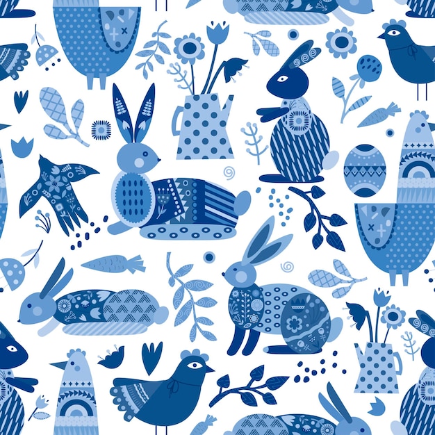 Blauw paasvakantie naadloos patroon met kippenkonijnen en bloemen HAPPY EASTER Vector