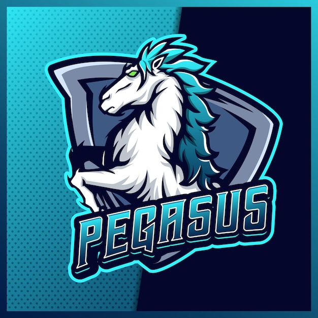 Blauw pegasus paard mascotte esport logo ontwerp