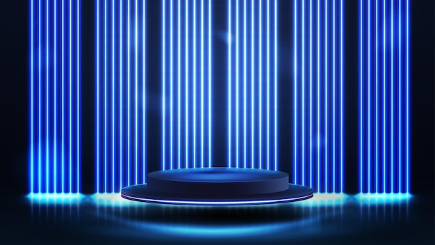 Blauw podium in donkere scène met muur van lijn verticale blauwe neonlampen op achtergrond