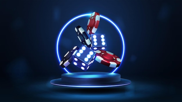 Blauw podium zwevend in de lucht met blauwe neonring 3D-dobbelstenen met rode en zwarte realistische gokstapel casinofiches in donkere scène