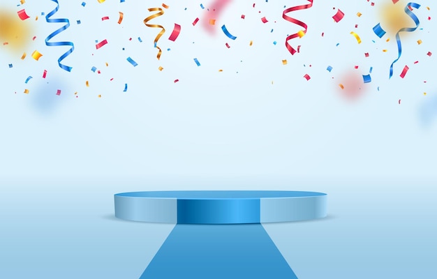 Blauw podiumpodium met vallende kleurrijke confetti op lichte achtergrond winnaar gefeliciteerd