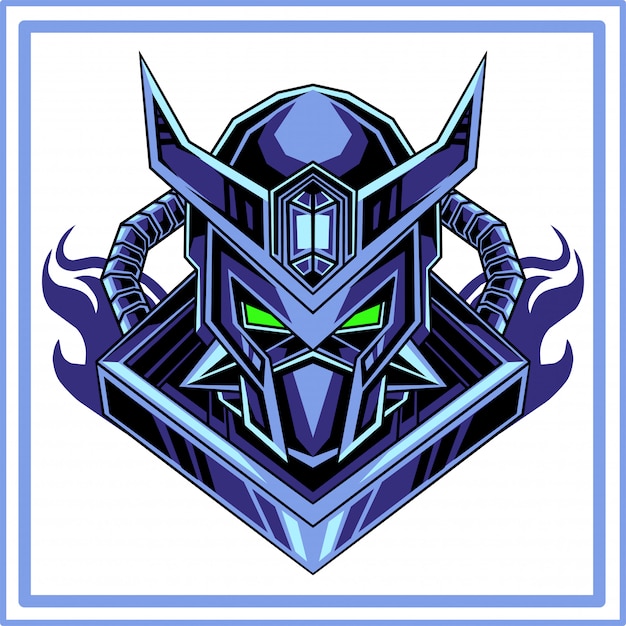 Blauw robot hoofd mascotte logo