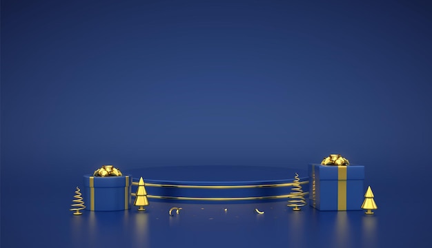 Blauw rond podium. Scène en 3D-platform met gouden cirkel op blauwe achtergrond. Leeg voetstuk met geschenkdozen met gouden boog en gouden metalen dennen, sparren. Realistische vectorillustratie.