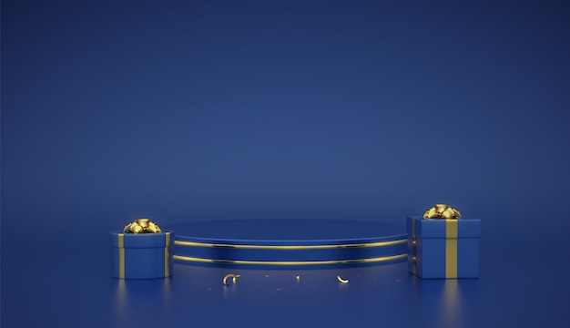 Blauw rond podium. Scène en 3D-platform met gouden cirkel op blauwe achtergrond. Leeg voetstuk met geschenkdozen met gouden strik en confetti. Reclame, prijsontwerp. Realistische vectorillustratie.