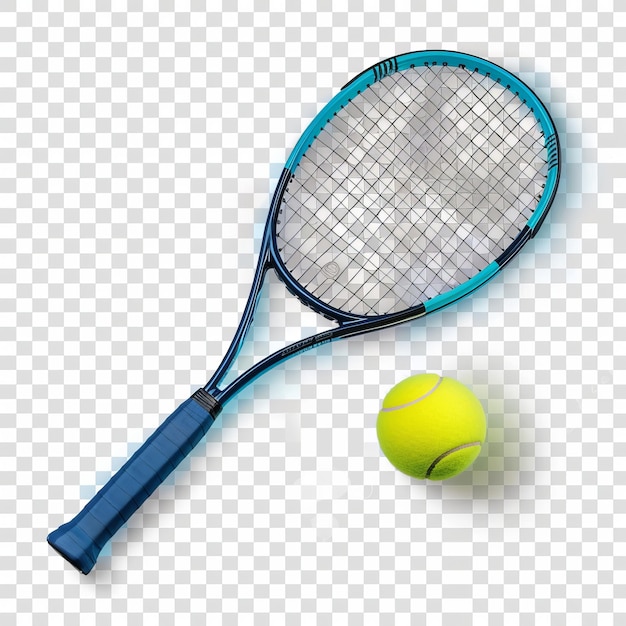 Vector blauw tennisracket en gele bal geïsoleerd op doorzichtige achtergrond