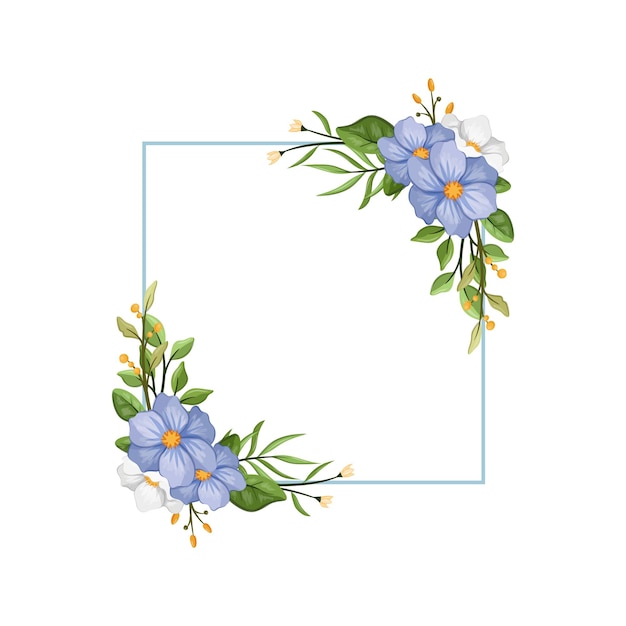 Vector blauw witte bloem met blauwe lijn aquarel bloemen vierkant frame luxe bloemen elementen botanische achtergrond
