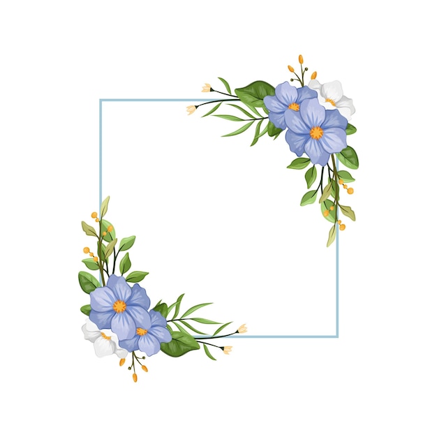 Blauw witte bloem met blauwe lijn aquarel bloemen vierkant frame luxe bloemen elementen botanische achtergrond