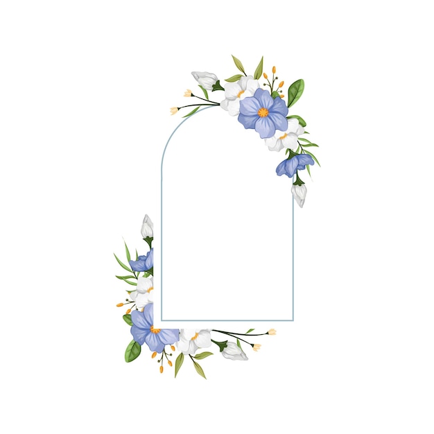 Vector blauw witte bloem met blauwe lijn aquarel bloemen vierkant frame luxe bloemen elementen botanische achtergrond