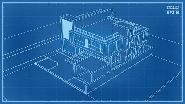 Blauwdruk perspectief. 3D render van tropisch huis wireframe. Vectorillustratie van huis bouw idee.