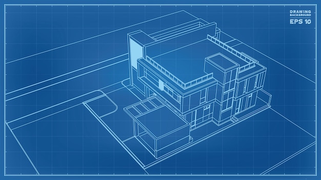 Blauwdruk perspectief. 3d render van tropisch huis wireframe. vectorillustratie van huis bouw idee.