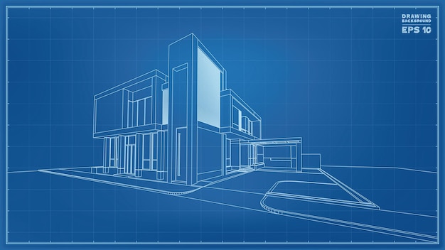 Blauwdruk perspectief. 3D render van tropisch huis wireframe. Vectorillustratie van huis bouw idee.