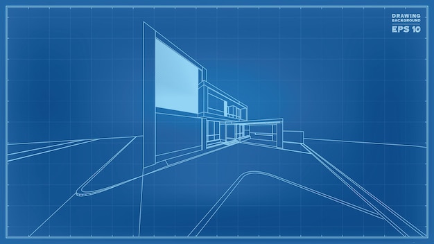 Blauwdruk perspectief. 3d render van tropisch huis wireframe. vectorillustratie van huis bouw idee.