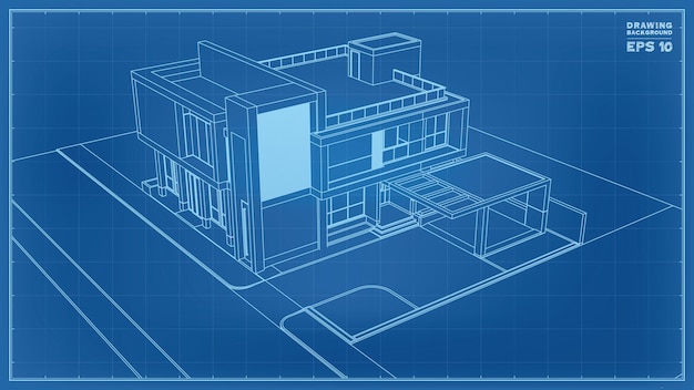 Blauwdruk perspectief. 3D render van tropisch huis wireframe. Vectorillustratie van huis bouw idee.