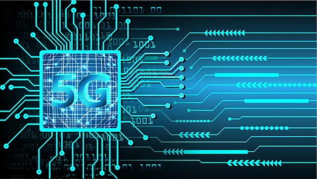 Blauwe 5G CPU cyber circuit toekomstige technologie concept achtergrond