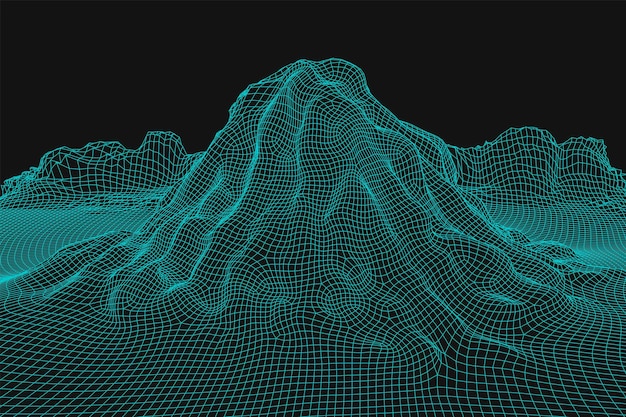 Blauwe abstract vector wireframe landschap achtergrond 3D futuristische mesh bergen 80s Retro illustratie Cyberspace technologie valleien