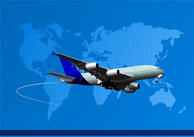 Blauwe abstracte achtergrond met passagiersvliegtuig en wereldkaartafbeeldingen Vector illustratie