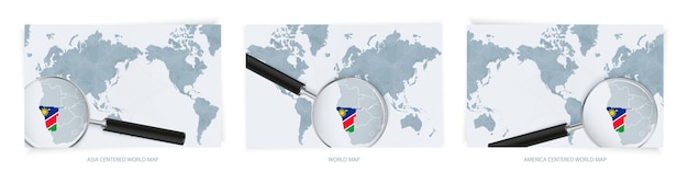 Blauwe abstracte wereldkaarten met vergrootglas op de kaart van Namibië