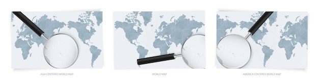 Blauwe abstracte wereldkaarten met vergrootglas op de kaart van vanuatu met de nationale vlag van vanuatu drie versie van de wereldkaart