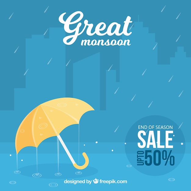 Blauwe achtergrond van moesson paraplu en regen