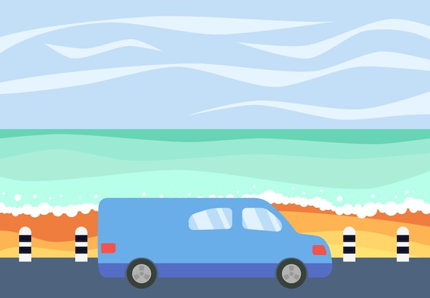 Blauwe auto op de weg tegen de achtergrond van de zee. vector illustratie.