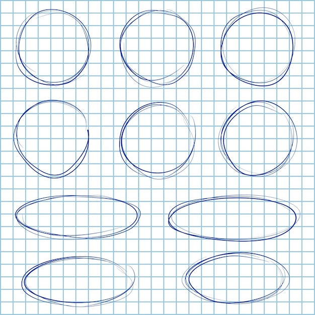 Blauwe balpencirkels en ovalen op geruite notitieboekjeachtergrond Vector handgetekende cirkels geïsoleerd