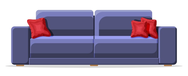 Blauwe bank met rood kussen geïsoleerd op wit woonkamer meubels ingericht modern interieur element interieur item voor ontspannen en werk Cartoon platte vectorillustratie in vlakke stijl
