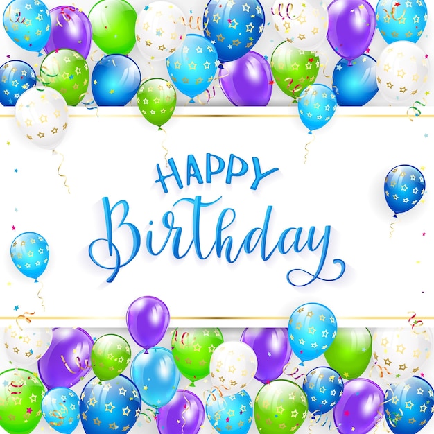 Blauwe belettering Happy Birthday op witte banner met vliegende kleurrijke ballonnen streamers en confetti illustratie