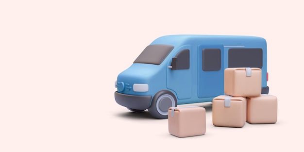 Vector blauwe bezorgwagen met stapels pakketten in realistische stijl geïsoleerd op een lichte achtergrond