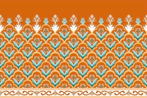 Vector blauwe bloem op oranje bruin geometrische etnische oosterse patroon traditioneel ontwerp voor achtergrondtapijtwallpaperclothingwrappingbatikfabric vector illustratie borduurstijl