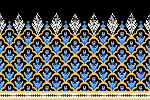 Blauwe bloem op zwart wit geel geometrische etnische Oosterse patroon traditioneel ontwerp voor achtergrondtapijtbehangkledingverpakkingBatikfabric vector illustratie borduurstijl