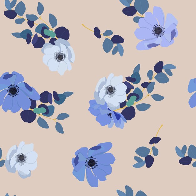 Blauwe bloemen anemone met bladeren eucalyptus op beige achtergrond naadloze vector illustratie