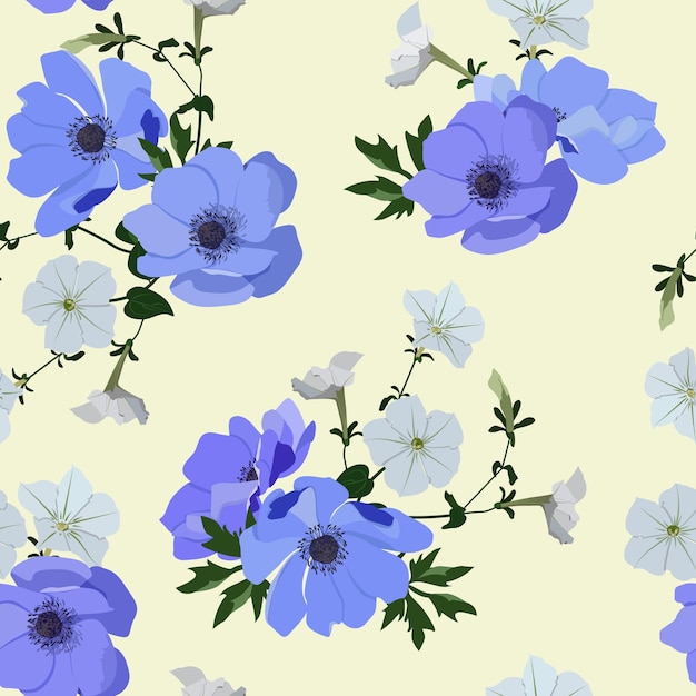 Blauwe bloemen anemone met witte petunie op lichtgele achtergrond Naadloze vectorillustratie Voor decoratieve textielverpakkingen en behang