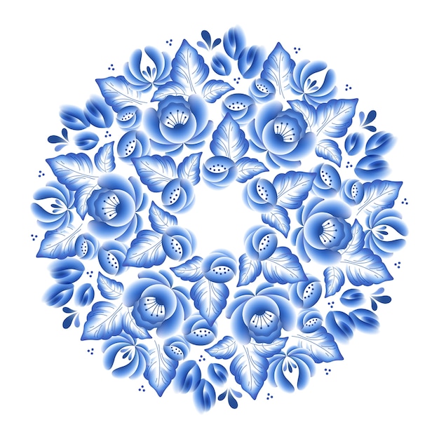 Blauwe bloemen bloemen russisch porselein rond frame met prachtig folk ornament. illustratie. decoratieve compositie.