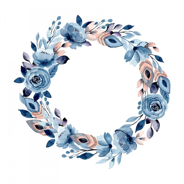 blauwe bloemen en veren aquarel krans