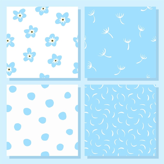 Blauwe bloemen Vector illustratie Naadloze set Polka dot Summer