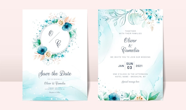 Blauwe bruiloft uitnodigingskaart met aquarel bloemendecoratie en abstracte achtergrond