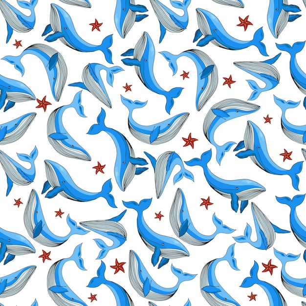 Blauwe cartoon walvissen met starfishs naadloze patroon