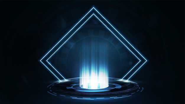 Blauwe digitale portal met lijn neon ruit frames en hologram digitale ringen in donkere kamer