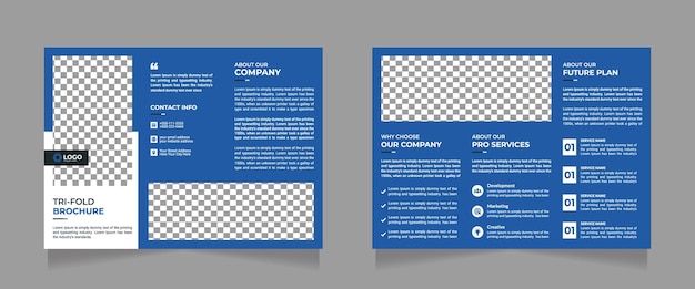 Blauwe driebladige brochure ontwerpsjabloon. Bedrijfssjabloon voor driebladige brochure.