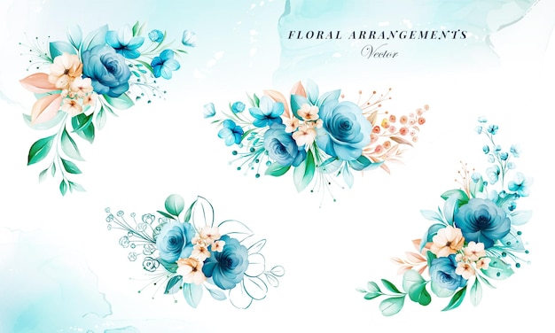 Blauwe en bruine aquarel bloemstukken voor de samenstelling van de huwelijksuitnodiging