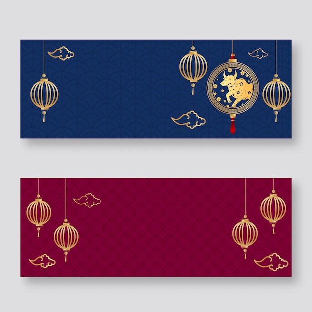 Blauwe en donkerroze chinese traditionele patroon achtergrond versierd met gouden sterrenbeeld ox