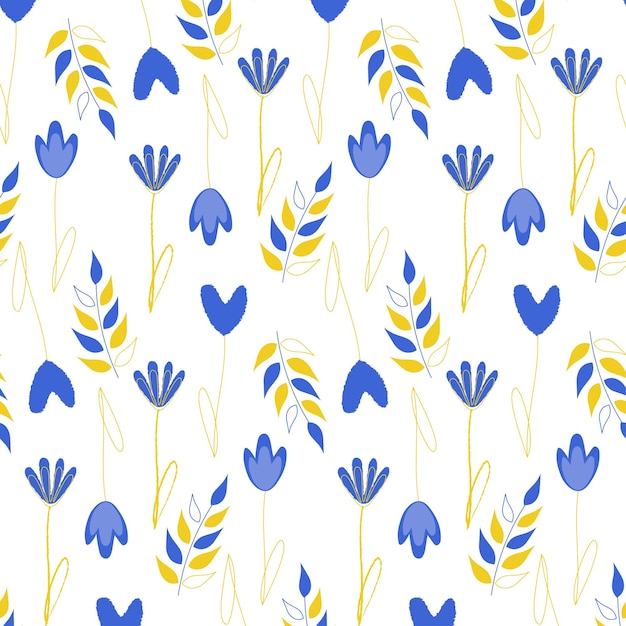 Blauwe en gele bloemen vector patroon Abstracte bladeren en bloemen Planten Botanische ontwerp